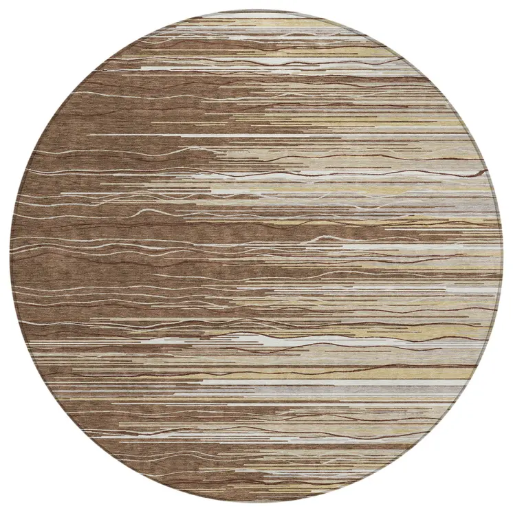 8' Brown Beige And Ivory Round Striped Washable Indoor Outdoor Area Rug