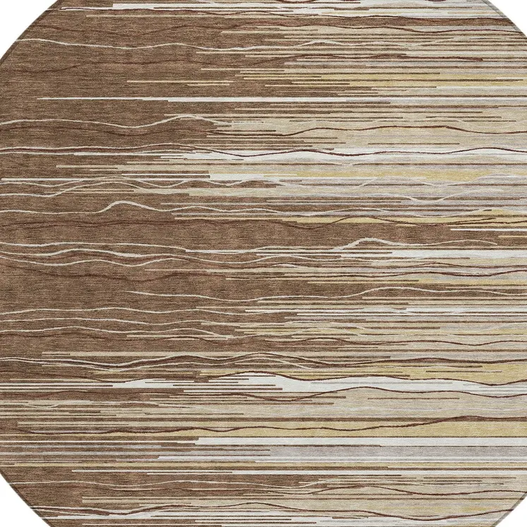 8' Brown Beige And Ivory Round Striped Washable Indoor Outdoor Area Rug