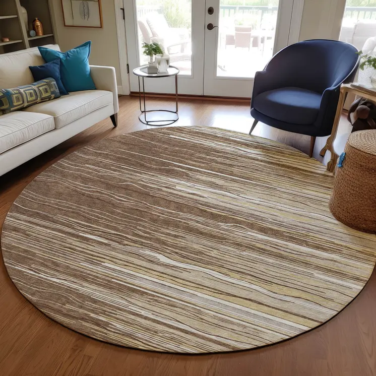 8' Brown Beige And Ivory Round Striped Washable Indoor Outdoor Area Rug