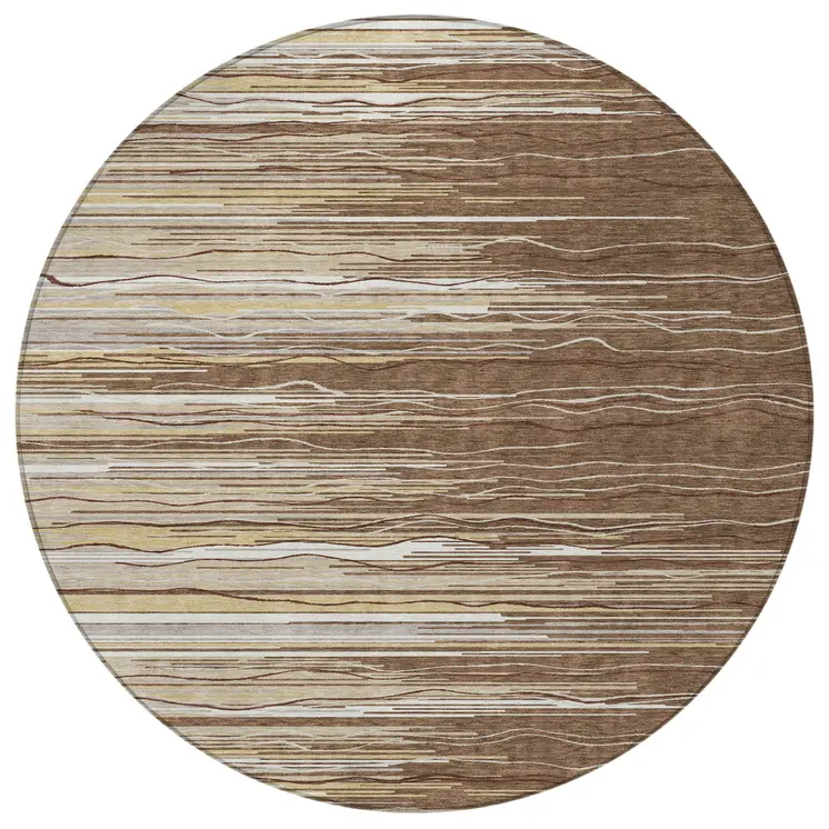 8' Brown Beige And Ivory Round Striped Washable Indoor Outdoor Area Rug