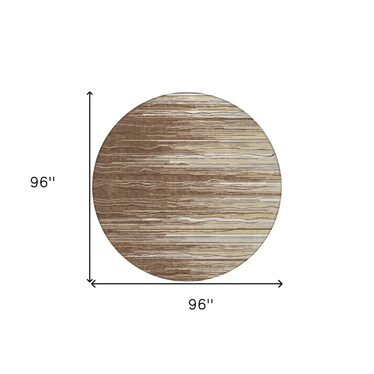 8' Brown Beige And Ivory Round Striped Washable Indoor Outdoor Area Rug