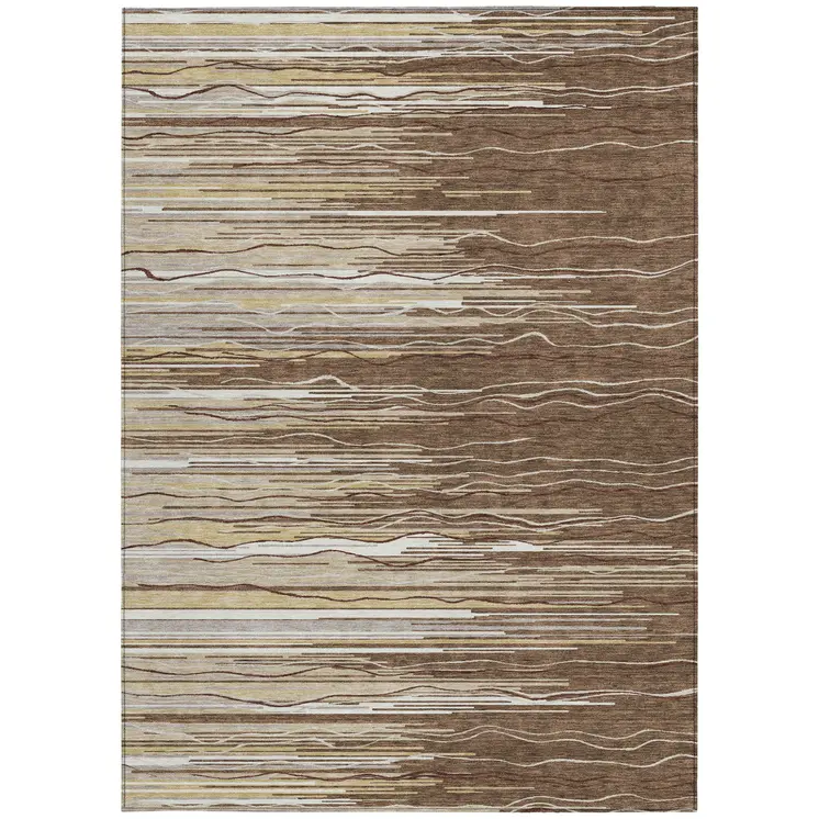 9' X 12' Brown Beige And Ivory Striped Washable Indoor Outdoor Area Rug