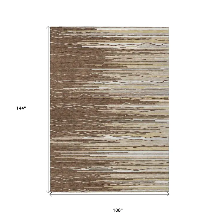 9' X 12' Brown Beige And Ivory Striped Washable Indoor Outdoor Area Rug