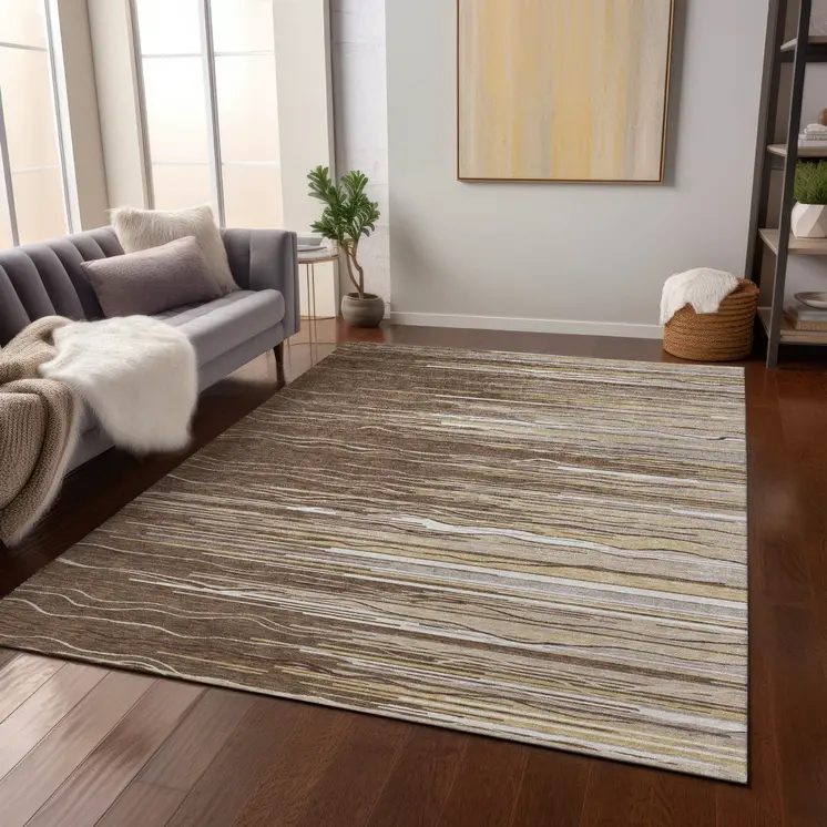 10' X 14' Brown Beige And Ivory Striped Washable Indoor Outdoor Area Rug