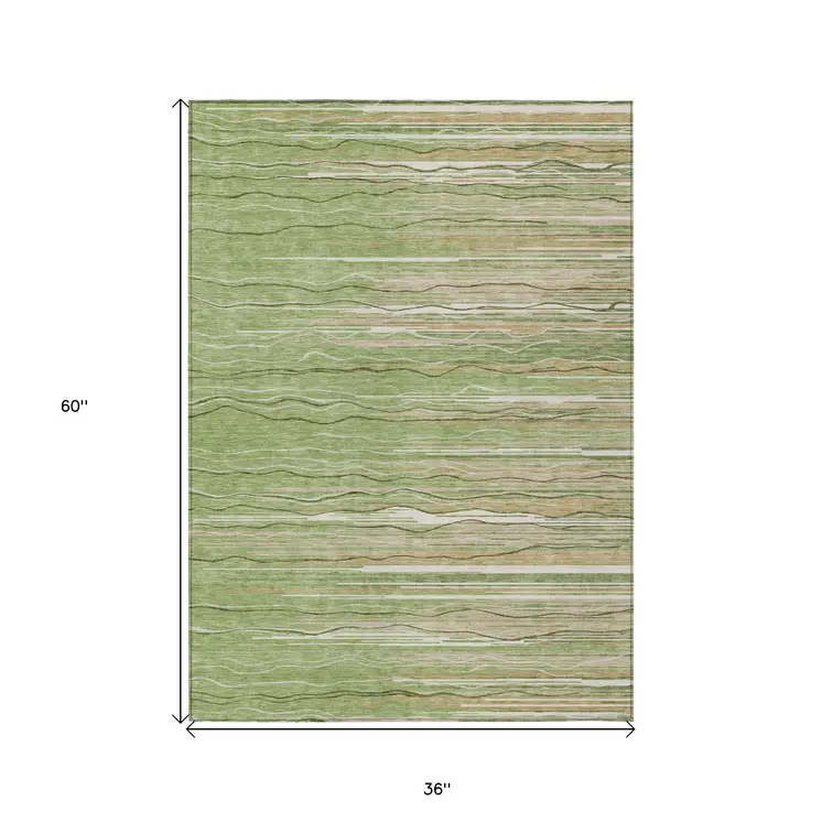 3' X 5' Green Beige And Ivory Striped Washable Indoor Outdoor Area Rug