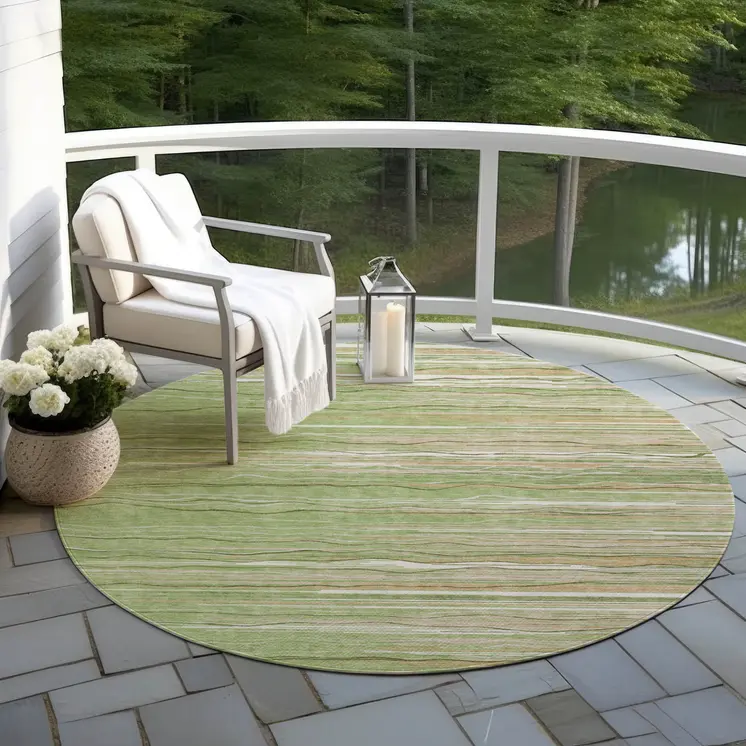 8' Green Beige And Ivory Round Striped Washable Indoor Outdoor Area Rug