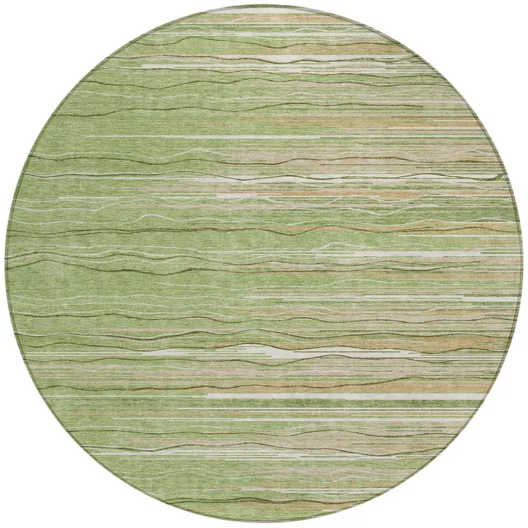 8' Green Beige And Ivory Round Striped Washable Indoor Outdoor Area Rug