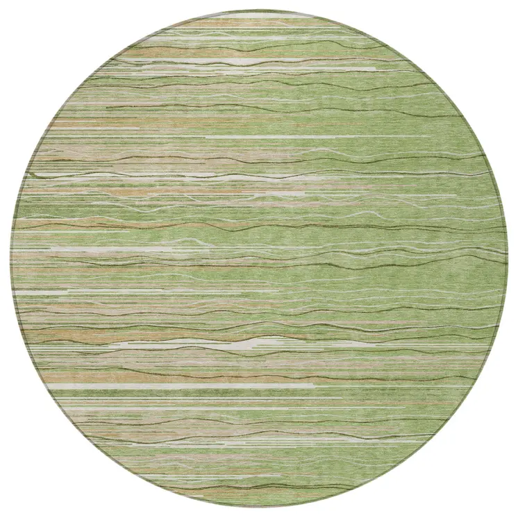 8' Green Beige And Ivory Round Striped Washable Indoor Outdoor Area Rug