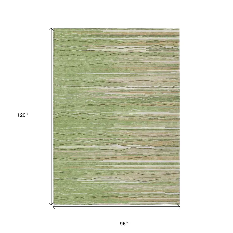 8' X 10' Green Beige And Ivory Striped Washable Indoor Outdoor Area Rug