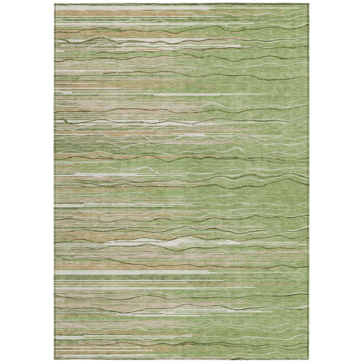 9' X 12' Green Beige And Ivory Striped Washable Indoor Outdoor Area Rug