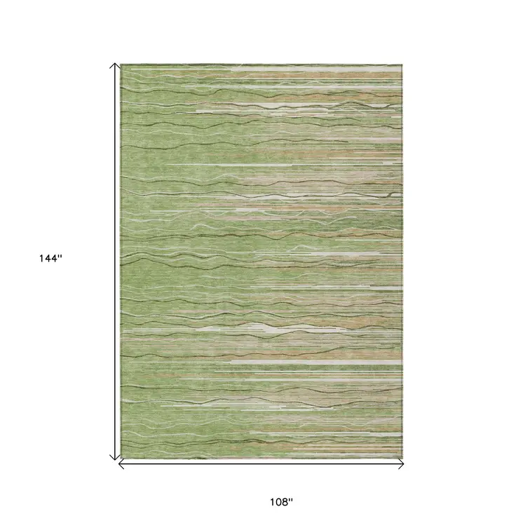 9' X 12' Green Beige And Ivory Striped Washable Indoor Outdoor Area Rug