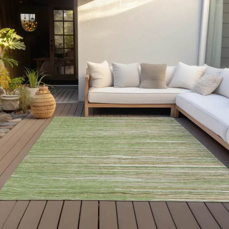 9' X 12' Green Beige And Ivory Striped Washable Indoor Outdoor Area Rug