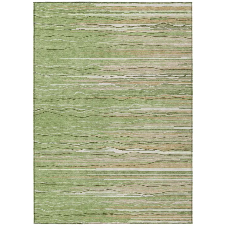 9' X 12' Green Beige And Ivory Striped Washable Indoor Outdoor Area Rug