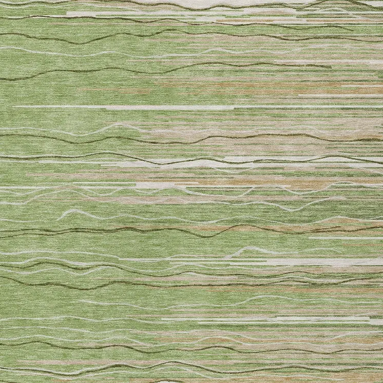 9' X 12' Green Beige And Ivory Striped Washable Indoor Outdoor Area Rug