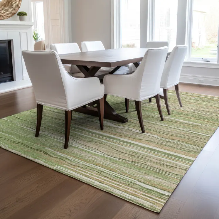 9' X 12' Green Beige And Ivory Striped Washable Indoor Outdoor Area Rug