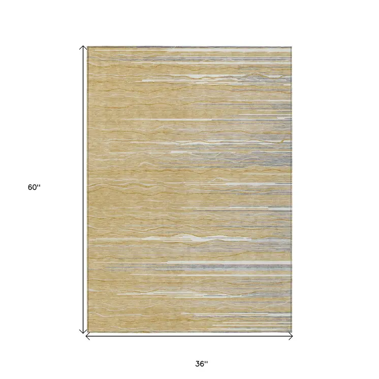 3' X 5' Gold Gray And Ivory Striped Washable Indoor Outdoor Area Rug