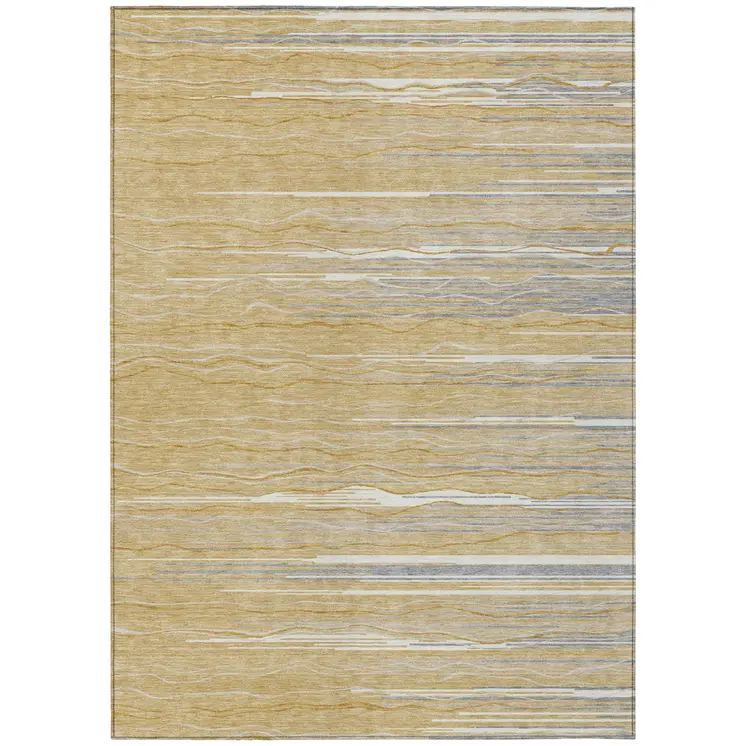 3' X 5' Gold Gray And Ivory Striped Washable Indoor Outdoor Area Rug