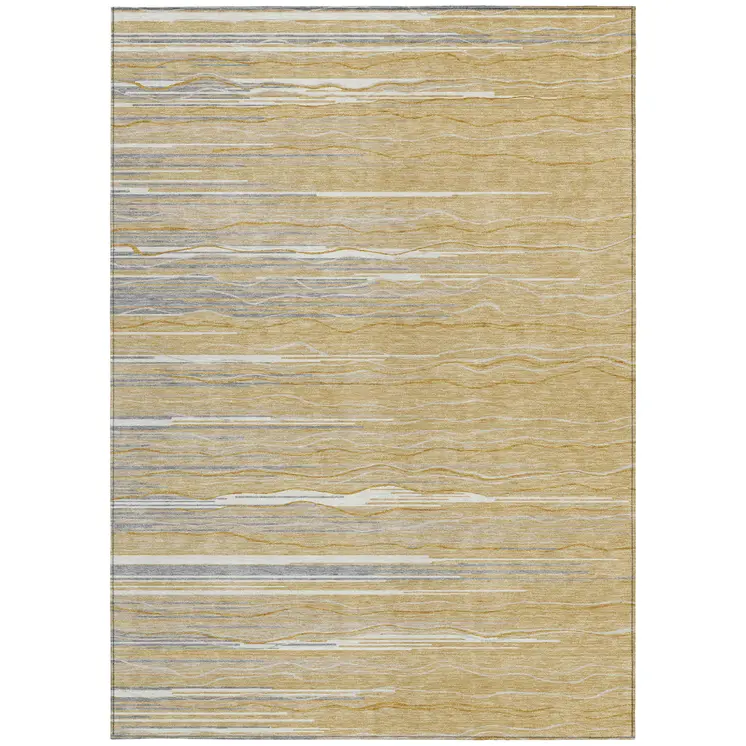 5' X 8' Gold Gray And Ivory Striped Washable Indoor Outdoor Area Rug
