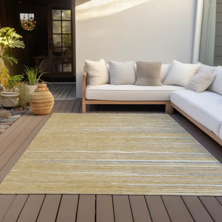 5' X 8' Gold Gray And Ivory Striped Washable Indoor Outdoor Area Rug