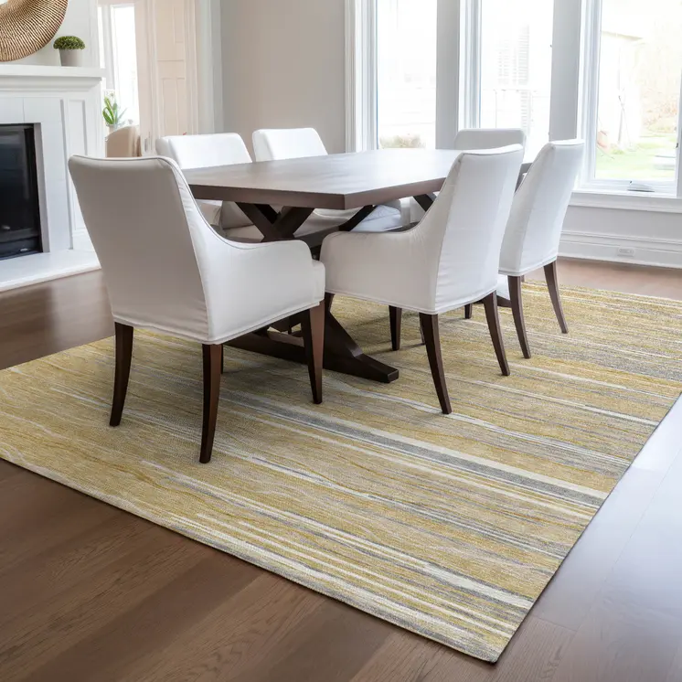 5' X 8' Gold Gray And Ivory Striped Washable Indoor Outdoor Area Rug