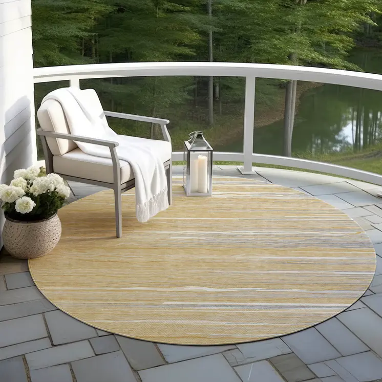 8' Gold Gray And Ivory Round Striped Washable Indoor Outdoor Area Rug