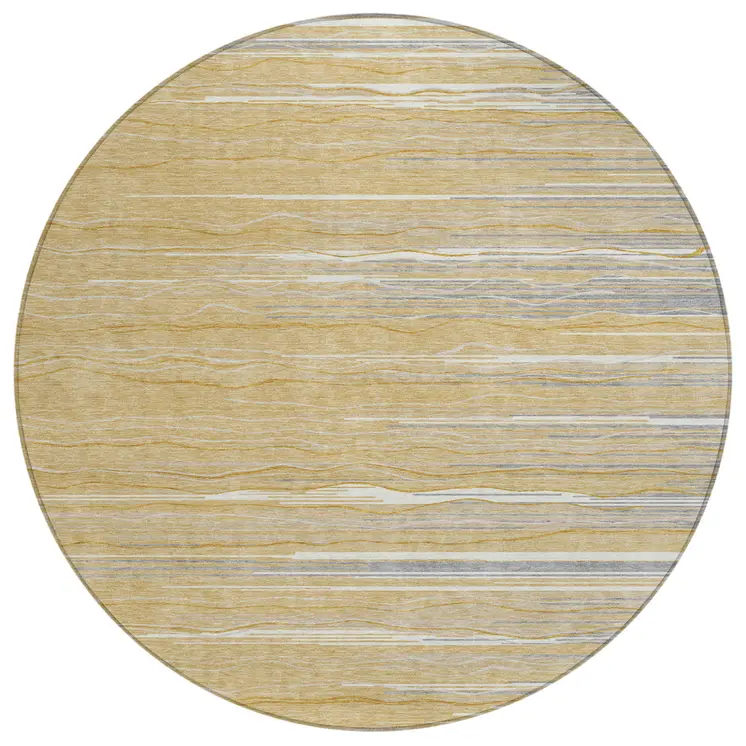 8' Gold Gray And Ivory Round Striped Washable Indoor Outdoor Area Rug