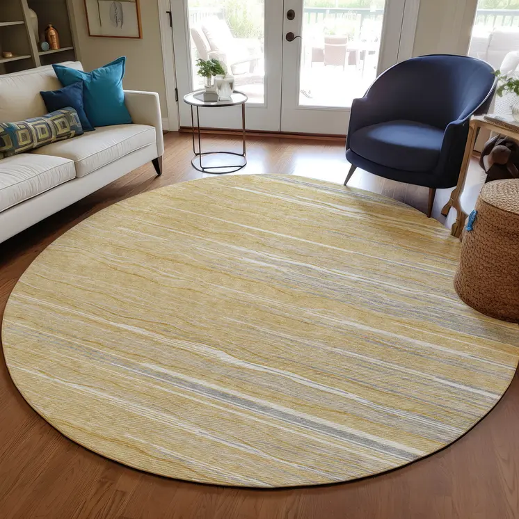 8' Gold Gray And Ivory Round Striped Washable Indoor Outdoor Area Rug
