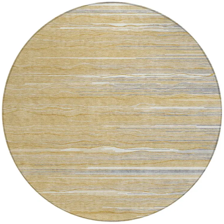 8' Gold Gray And Ivory Round Striped Washable Indoor Outdoor Area Rug