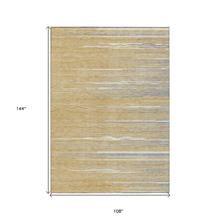 9' X 12' Gold Gray And Ivory Striped Washable Indoor Outdoor Area Rug