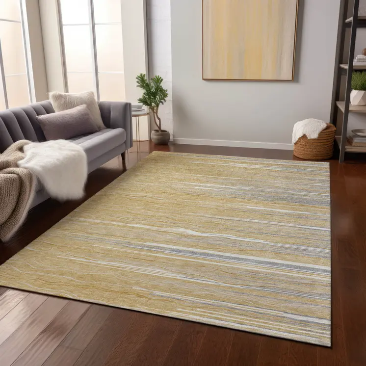 10' X 14' Gold Gray And Ivory Striped Washable Indoor Outdoor Area Rug