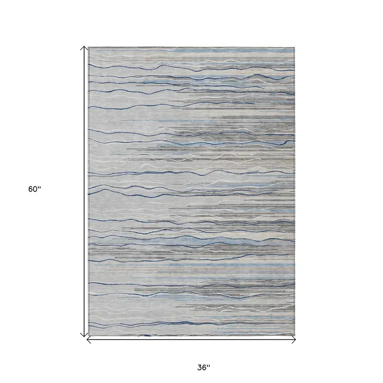 3' X 5' Gray Silver And Blue Striped Washable Indoor Outdoor Area Rug