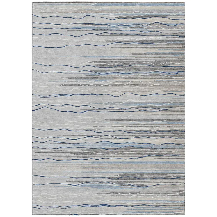 3' X 5' Gray Silver And Blue Striped Washable Indoor Outdoor Area Rug