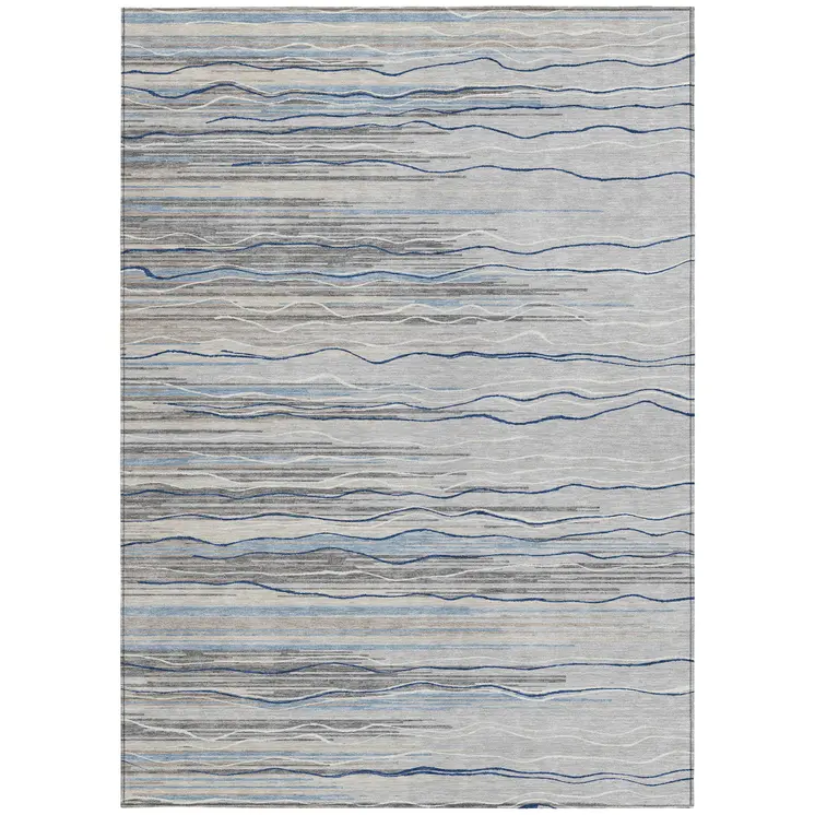 5' X 8' Gray Silver And Blue Striped Washable Indoor Outdoor Area Rug
