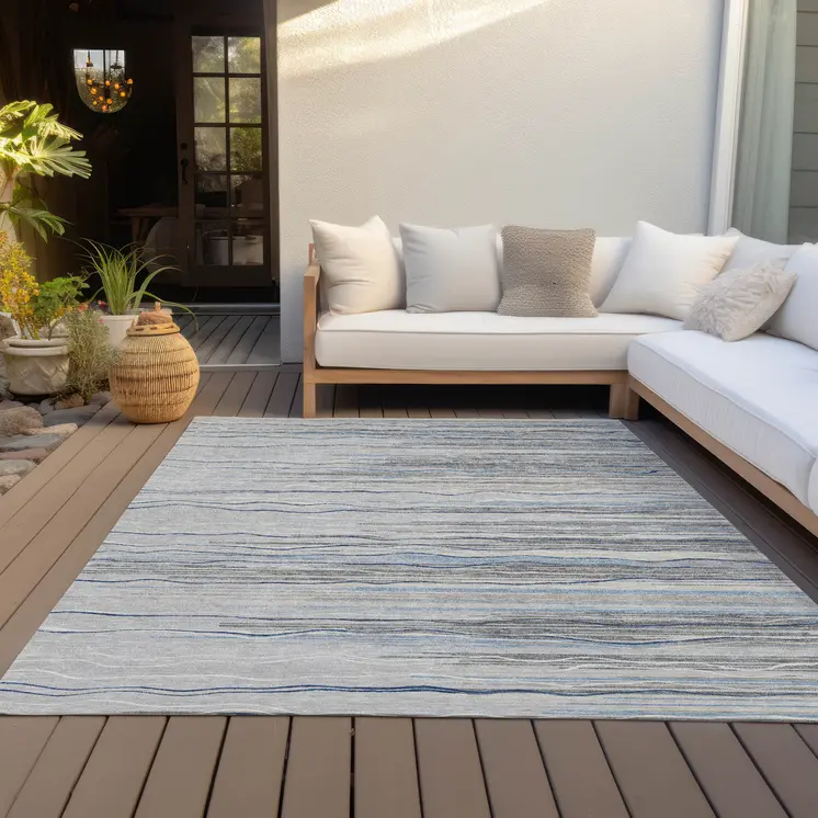 5' X 8' Gray Silver And Blue Striped Washable Indoor Outdoor Area Rug