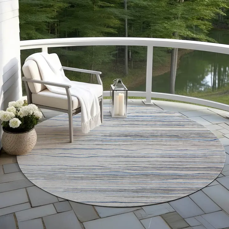 8' Gray Silver And Blue Round Striped Washable Indoor Outdoor Area Rug