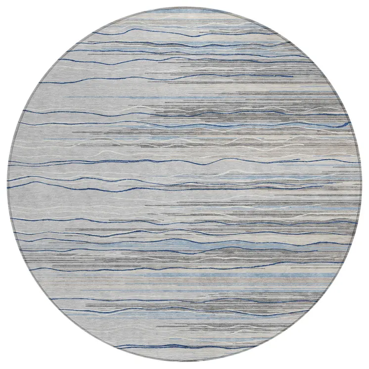 8' Gray Silver And Blue Round Striped Washable Indoor Outdoor Area Rug