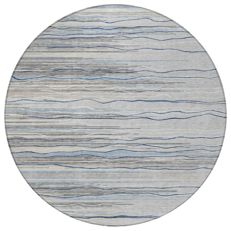 8' Gray Silver And Blue Round Striped Washable Indoor Outdoor Area Rug