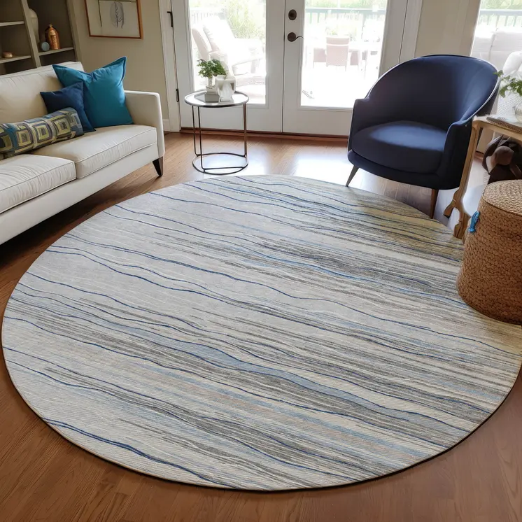8' Gray Silver And Blue Round Striped Washable Indoor Outdoor Area Rug