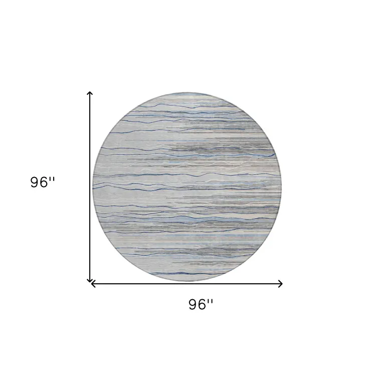 8' Gray Silver And Blue Round Striped Washable Indoor Outdoor Area Rug