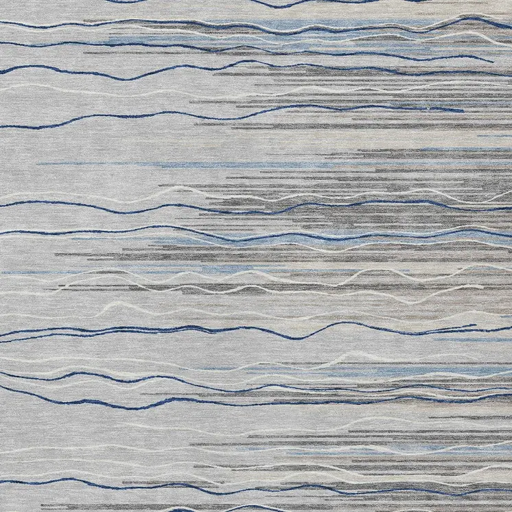 9' X 12' Gray Silver And Blue Striped Washable Indoor Outdoor Area Rug