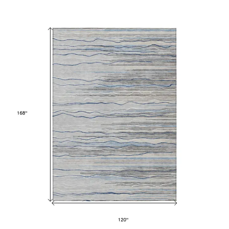 10' X 14' Gray Silver And Blue Striped Washable Indoor Outdoor Area Rug