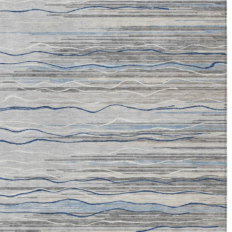 10' X 14' Gray Silver And Blue Striped Washable Indoor Outdoor Area Rug