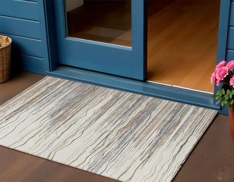 3' X 5' Ivory Brown And Gray Striped Washable Indoor Outdoor Area Rug