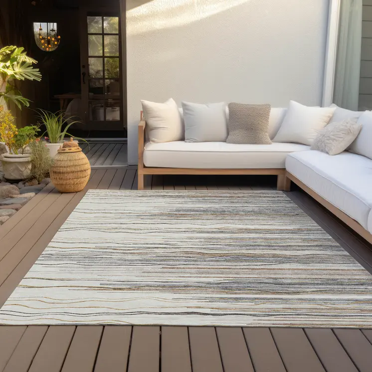 3' X 5' Ivory Brown And Gray Striped Washable Indoor Outdoor Area Rug