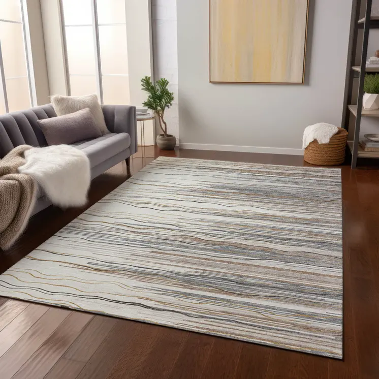 3' X 5' Ivory Brown And Gray Striped Washable Indoor Outdoor Area Rug