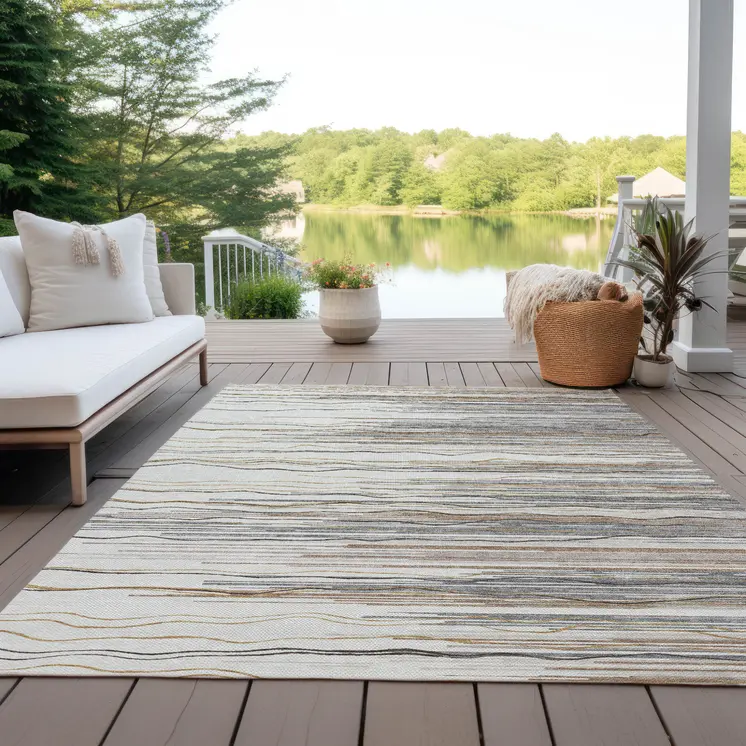 5' X 8' Ivory Brown And Gray Striped Washable Indoor Outdoor Area Rug