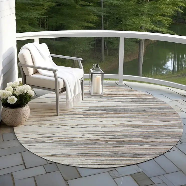 8' Ivory Brown And Gray Round Striped Washable Indoor Outdoor Area Rug