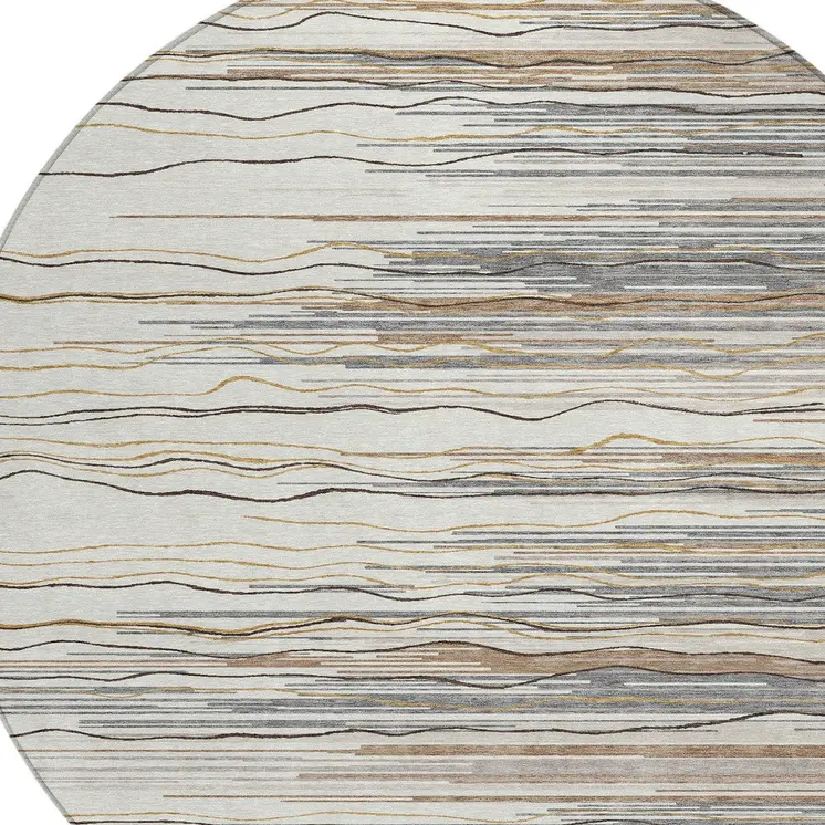 8' Ivory Brown And Gray Round Striped Washable Indoor Outdoor Area Rug