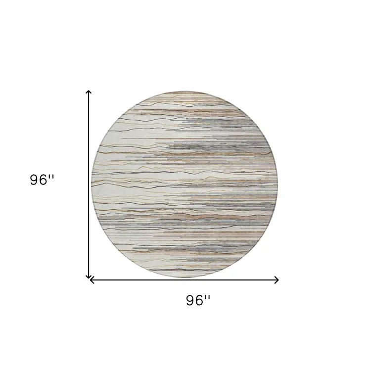 8' Ivory Brown And Gray Round Striped Washable Indoor Outdoor Area Rug