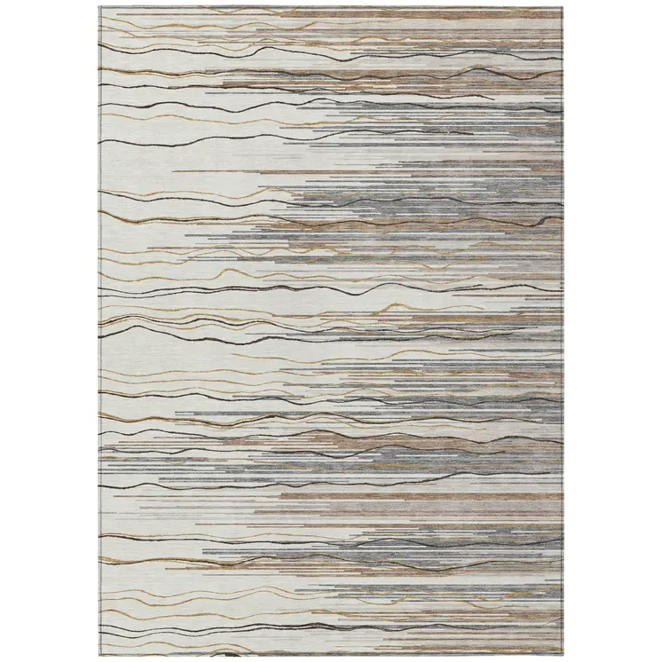 10' X 14' Ivory Brown And Gray Striped Washable Indoor Outdoor Area Rug